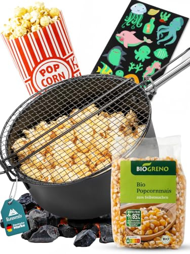 Popcorn Maker Lagerfeuer – inkl. Popcornmais, Popcorntüten & Leucht-Tattoos - Popcornmaker aus Karbonstahl für Lagerfeuer, Grill & Feuerschale – Outdoor Popcorn Pfanne, Popcorn Set