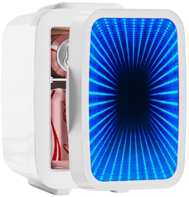 Mini Fridge, 4 Litre/6 Can Small Fridge with Dimmable LED Light, AC/DC Portable Mini Cooler and Warmer, Gaming Fridge for Bedroom, Office, Games Room and Car Great Gift for Teens