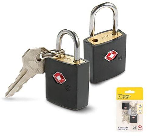 Travel Blue - Pack of 2 TSA Gepäckschloss Kofferschloss mit Schlüssel, Vorhängeschloss, Schwarz – TSA, ideal für Koffer, 25mm Identi Locks, robust & stilvoll, Stabiles Messing Mit ABS-Beschichtung