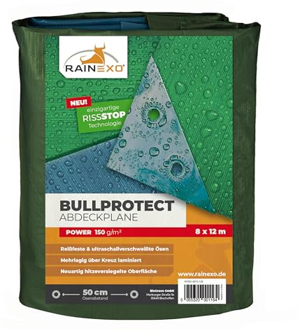 Rainexo Abdeckplane Extrem Stark 8x12 m, 150g/m², Grün/Blau, 3-lagig Kreuzlaminiert, 100% Wasserdicht, UV-Beständig, Reißfest, Mit Verstärkten Ösen