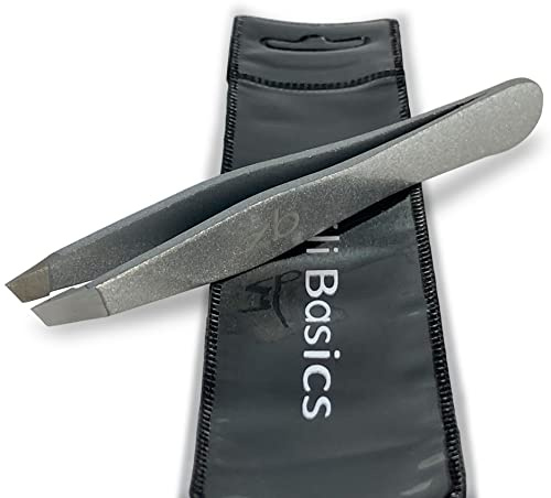 Zizzili Basics Tweezers - Surgical Grade Stainless Steel - Slant Tip for Expert Eyebrow Shaping and Facial Hair Removal - with Bonus Protective Pouch - Best Tweezer for Men and Women