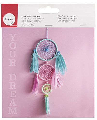 RAYHER HOBBY Rayher 66048000 Bastelset Traumfänger, aus Metallringen, Holzperlen Baumwollgarn und Federn, Länge 41 cm, Breite 14 cm, bunt pastell, Deko-Hänger, Wanddekoration, Mittel