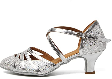 HROYL Zapatos de Baile Latino Mujer Cerrados Salsa y Bachata Tango Zapatos Baile Flamenco de Salón Tacon 5cm 512 Plateado 38 EU