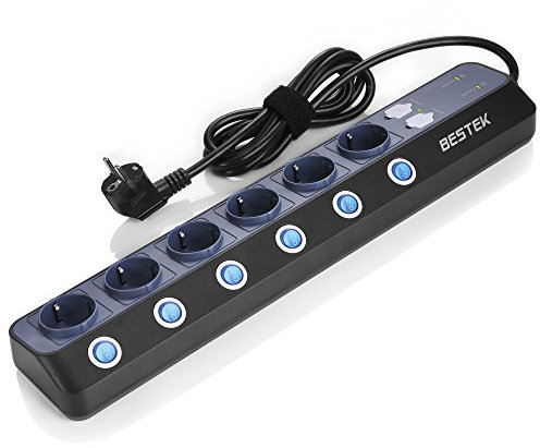 BESTEK 900J Ciabatta Multipresa Elettrica Piatta da Muro a 6 Prese Schuko e 4 USB Rapida,Anti Sovratensioni SPD con Interruttori Indipendenti,Multi Protezione,Coperchio di Sicurezza,3600W/16A