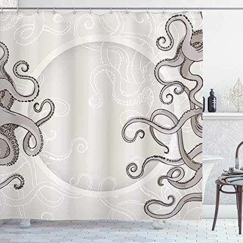 ABAKUHAUS Krake Duschvorhang, Fisch Octopus Rund, Stoffliches Gewebe Badezimmerdekorationsset mit Haken, 175 x 180 cm, Staub Taupe