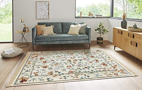 Nouristan Naveh Orient Teppich – Wohnzimmerteppich Orientalisch Kurzflor mit Fransen Vintage Orientalischer Samt-Teppich für Esszimmer, Wohnzimmer, Schlafzimmer – Creme, 135x195cm