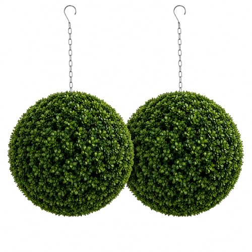 Metro Garden 18cm Variegated Topiary Ball, Artificial Outdoor Plants Hanging Topiary, Green (Pack of 2)