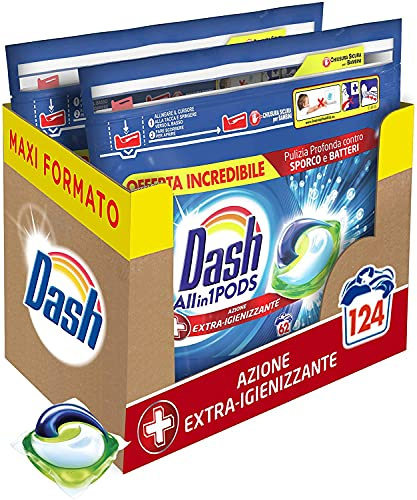 Dash Pods Waschmittel in Kapseln, 124 Waschgänge (2 x 62), desinfizierende Wirkung, Maxi-Format, für eine hygienische Reinigung, auch bei niedrigen Temperaturen wirksam