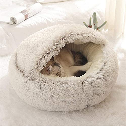 Rund kattbädd, bo, mjuk fluffig plysch, håla, grotta, med huva, säng för katt/liten hund, husdjurstält, sovsäng, vintervarm, halkfri, maskintvättbar premiumsäng, 40 cm, kaffe