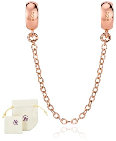 GW Stopper Charm Sicherheitskette für Armbander 925 Silber (Rose-Gold) | Spacer mit Gummi, 925er Safe Chain Charm für Anhänger Armbänder, für Snake Chain
