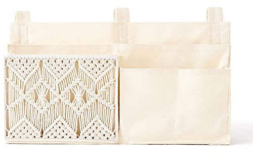 Mkono Bedside Caddy Hanging Organizer, Bunk Woven 7 Pockets Bed Storage Bag Boho Remote Magazine Books Holder with Macrame for Loft Bed College Dorm Bedroom Baby Bed Rails, Ivory