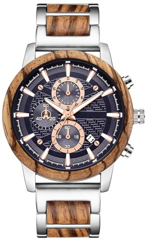 RORIOS Herren Holzuhr Wasserdicht Analog Quarzuhr Handgefertigt Naturholz Uhren Chronograph Hölzerne Armbanduhr für Männer