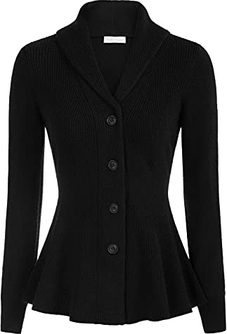 Belle Poque Damen Strickjacke Langarm Reverskragen Cardigan mit Rüschensaum Casual Strickmantel