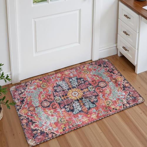 Lahome Bohemian Floral Medallion Area Rug – 2x3 Small Hot Pink Bath Rug Kitchen Sink Mat, Machine Washable Non-Slip Soft Indoor Carpet for Doormat Bedside Apartment Entrance, Fuchsia/Multi