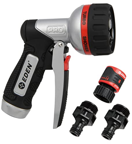 Eden 94833 Pro Metal 6-Pattern Front Trigger Garden W/Quick Connect Starter Set, HIGH Pressure Spray Nozzle for Hose | 94833 | Heavy-Duty Aluminum Core | 2-Stage Trigger Lock | Honeycomb Grip | Flow Adjustment | Standard Garden Hose Compatible