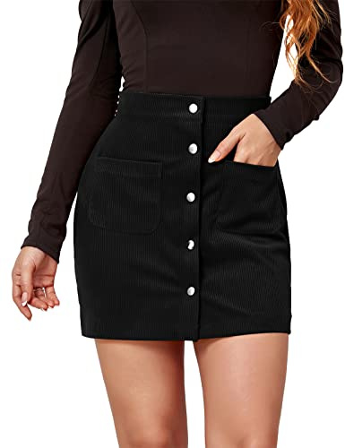 FEOYA Women's Bodycon Mini Skirt Short Corduroy Skirts Skinny High Waisted Skirt Slim Fit Button Up Hip Skirt with Two Pockets Autumn Fall Winter Warm Solid Color Plain Cotton Stretch Black M
