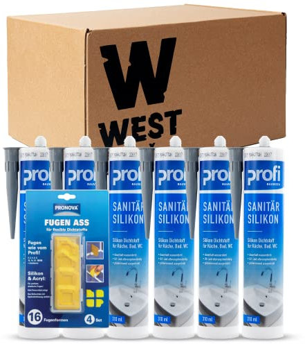 W West Boxx Set aus 6x Profi Sanitär Silikon 310ml in Manhatten und Fugen-Ass, Sanitärsilikon ideal für Sanitärbereich, Küche, Bad, WC, Glas, Fliesen, Keramik