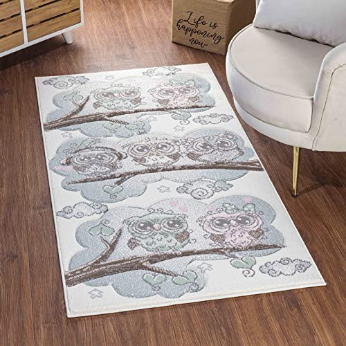 Livabliss Waldtiere Kinderteppich - Cartoon Teppich 160x220 cm, Tier Teppich Kinderzimmer oder Babyzimmer, Krabbelteppich oder Spielteppich - Baby Teppich für Jungen & Mädchen, Beige, Blau und Braun