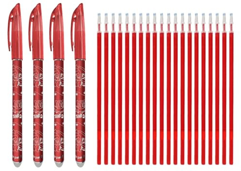 Set mit 24 radierbaren Gelstiften (4 Stifte + 20 rote Nachfüllminen), Spitze 0,5 mm, + 20 % Tinte (2 cm mehr als Standardminen), wärmeempfindlich, für Schule, Stoff und Leder Eco-Packaging