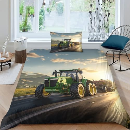 OPSREY Tractors Bed Linen Sets Mikrofaser Steppdeckenbezug Reißverschluss Traktoren Bettdeckenbezug Weichs Bettwäsche Set Verstecktes Scharnier Bettbezug Single（135x200cm）