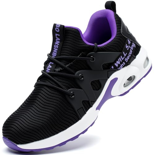 LANSNBO Steel Toe Shoes for Women Indestructible Safety Work Shoes Air Cushion Lightweight Breathable Utility Sneakers Puncture Proof Slip Resistant Composite Toe Footwear（HEI Zi 38.5 Black,Purple