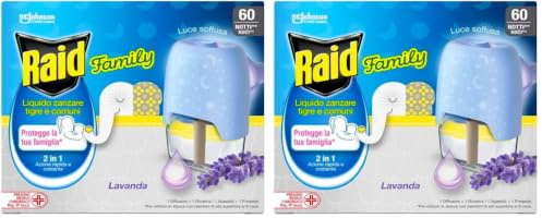 Raid® Eléctrico líquido Family Lavanda 30 noches - Enchufe anti mosquitos común y tigre 2 en 1, mata y ahuyenta. Aparato + Recambio, fragancia Lavanda (Paquete de 2)