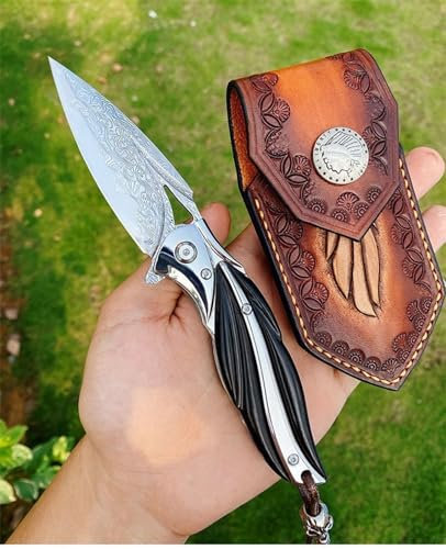 TURHAN Coltello pieghevole Lingyu Damasco EDC coltello pieghevole portatile da esterno coltello da frutta affilato ad alta durezza (Color : With leather case, Size : 150)