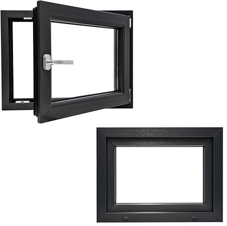 Kunststofffenster PVC Wärmedämmend Fenster Garagenfenster Kellerfenster Billig Günstig Alupl Neo Energeto Dreh Kipp 2-Fach Verglasung Innen und Außen Anthrazit 60x80cm 600x800mm DIN Rechts Hersteller