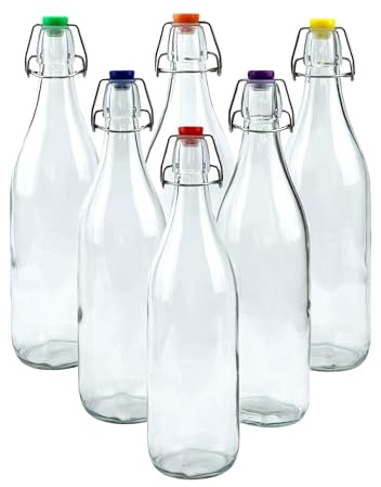 Lucente 1L Vintage Style Clear Round Shaped Bottles with Assorted Colour Swing Top Lids