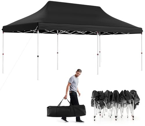COSTWAY 6x3M Pop-up Gazebo, Height Adjustable Instant Marquee Party Canopy Tent with Bag, 12 Stakes, 6 Wind Ropes and 6 Sandbags, Large Waterproof Commercial Sun Shelter (Black, 600 x 300 x 296-316cm)
