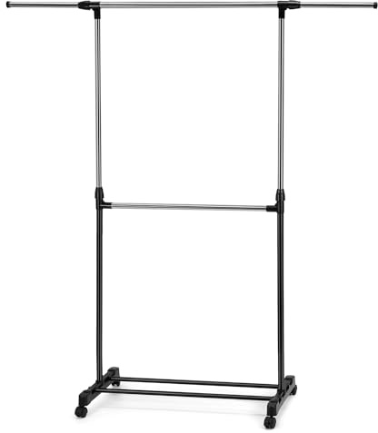 QWORK® Kleiderstange, Kleiderständer mit Rollen, Ausziehbare Garderobenstange, Platzsparender Garderobenständer