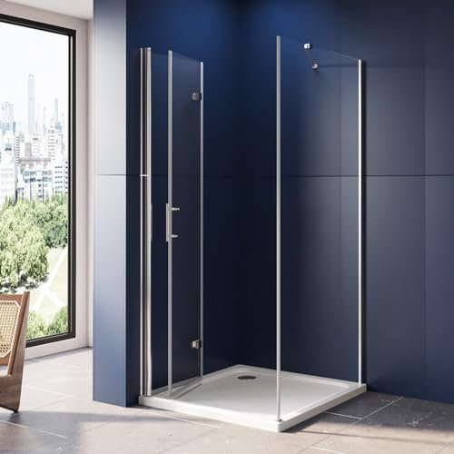LUXESPIRE Duschkabine Eckeinstieg 90x90x195cm 180° Falttür mit Seitenwand 6mm Nano Glas Eckdusche Drehtür Klapptür Duschabtrennung für Badezimmer
