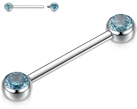AROWRO 14G Nippelpiercing Schmuck Titan Nippel Ringe 16mm Nippel Schmuck mit Innengewinde Nippel Barbell Bridge Piercing Zungen Ringe Silber Blau CZ