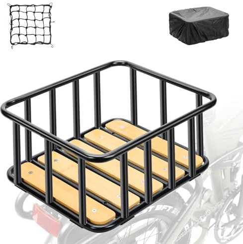 PIREKZUNT Bike Rear Basket with Waterproof Cover, Cargo Net, Wooden Base, 13.8X11.8X6.7 Heavy Duty Metal Ebike Rear Basket for Most Bike and E-Bike