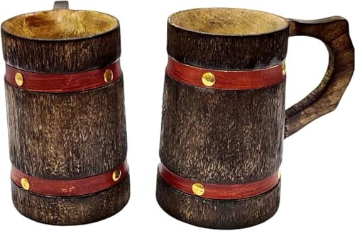 NAVIROCK Vintage Style Handmade Wooden Brown Beer Mug Tankard Wooden Teacups Coffee Mug Wine Mug for Drinking Tea Coffee Wine Beer Hot Drinks Set of 2