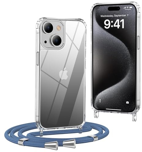 OLEPHY Coque avec Cordon pour iPhone 14 6,1'', Bleu | Coque avec Collier Adjustable and Removable, [Antichoc] [Anti-Rayures] Cover avec Tour de Cou,