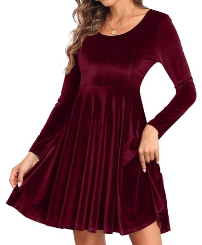 Yutdeng Vestido Terciopelo Mujer Elegante Vestido de Noche Manga Larga Vestidos de Fiesta Corto Vestido de Cóctel Cuello Redondo Mini Vestido Invierno Retro Vestido de Navidad Bodycon Dress Boda Otoño