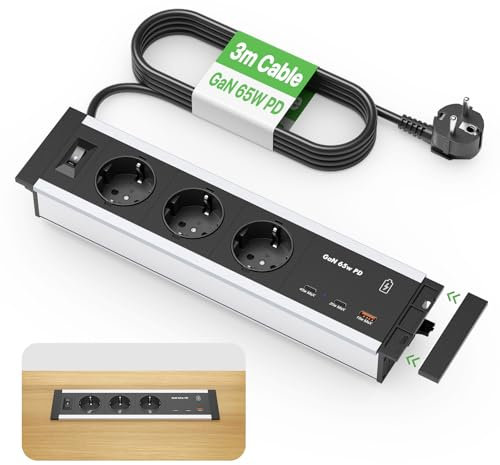 Prise Encastrable Plan de Travail 2 USB C GaN 65W, Aluminium Bloc Prise Encastrable avec Câble 3m, Multiprise Encastrable avec Interrupteur pour Bureau, Table