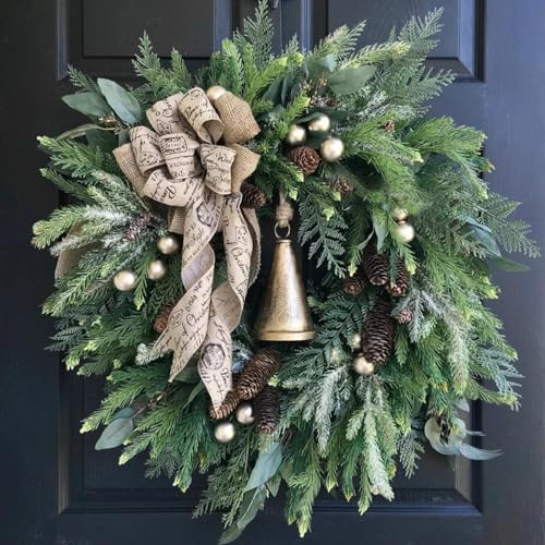 Weihnachtskranz Bauernhaus, Weihnachtsdeko Kranz Haustür,Türkranz Weihnachten, Weihnachtsgirlande mit Kiefer und Glocken, Künstliche Weihnachten Haustürkranz Aussen (40 * 40 cm)