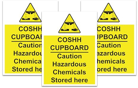 Dam Words 3 x COSHH Cupboard Safety Sign | 200mm x 150mm Premium Vinyl Sticker | Self-Adhesive, UV Resistant, Waterproof | Health and Safety Signs | Yellow, Black