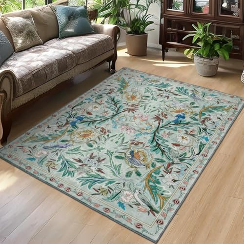 TUKDAK Vogel Waschbar Teppich Wohnzimmer 120×180cm, Grün Vintage Küche Teppich mit Rutschhemmender Gummirückseite, Weich Kurzflor Schlafzimmer Carpet, Boho Tier Kinderzimmer Esszimmer Büro Matte