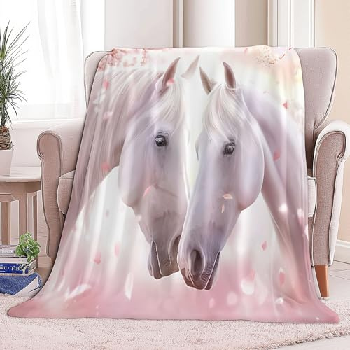 CozyRest Sherpa Blanket Couple Horses Romantic Elements Pattern Fleece Warm Throw Blanket for Sofa Couch Bed Printed Plush Ultra Soft Bedroom Decor - Queen 180 x 200 cm