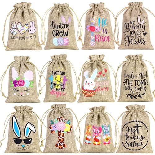 Linne-jutepåse med kanin, linnepåse med dragsko – 12 stycken kaninlinnepåse Goody Bag med dragsko – vårgodispåse, linne-ägg-linneväska för barn