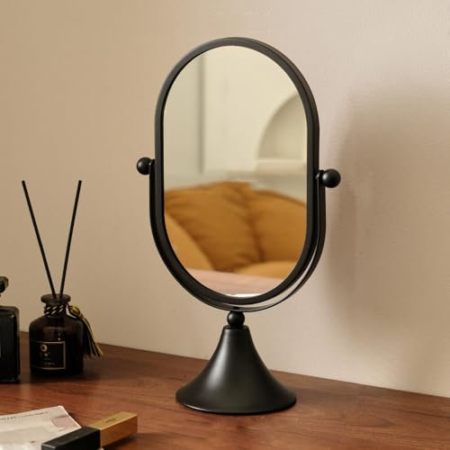 Hosoncovy Espejo de escritorio con marco de metal para tocador, espejo de mesa ovalado para baño, dormitorio (negro)