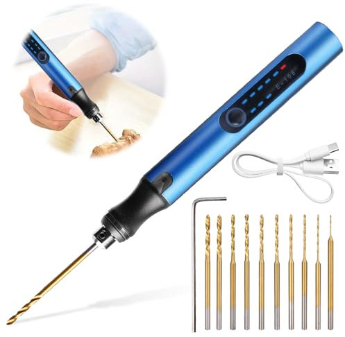 Mini trapano elettrico a mano a 3 marce, mini trapano elettrico ricaricabile, fai da te, con 10 punte, mini trapano per legno, resina, gioielli, plastica PCB in pelle (blu)