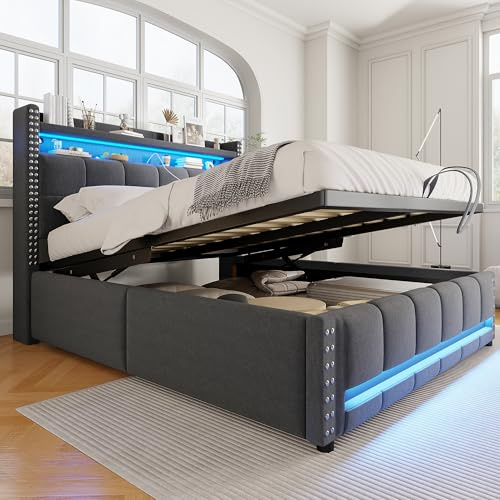 Polsterbett 140x200, LED Doppelbett Jugendbett mit Einlegeböden & USB-Ladefunktion, Hydraulisch Stauraumbett Funktionsbett Rückenlehne Bettgestell mit Stauraum & Lattenrost,Leinen,Ohne Matratze,Grau