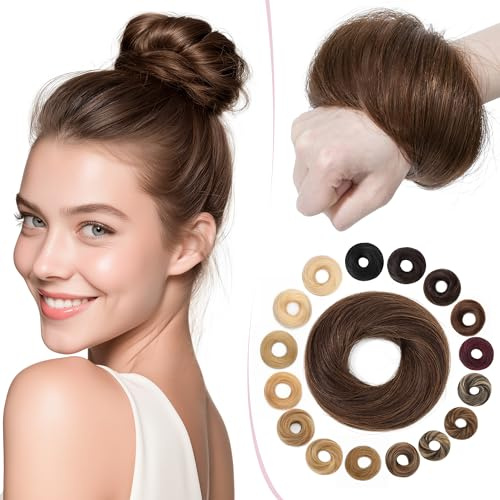 SEGO Human Hair Messy Bun Hairpieces Real Scrunchies Smoothed Updo Donut Chignon Wavy Ponytail Extensions for Women Girls,#4 Medium Brown