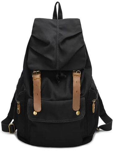 DremFreo Vintage Canvas Rucksack mit Lederdetails, 30x48x15cm, Outdoor Tagesrucksack für Damen und Herren bg240 (Schwarz)