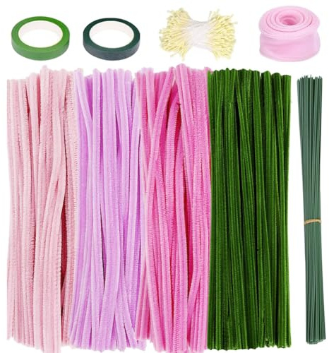 MEZHEN Limpiapipas Manualidades Flores Tulipán Multicolor Línea Chenilla Limpia Pipas Tallo Floral Verde Alambres Flores Manualidades Rosa DIY Regalo Decoración Hogar