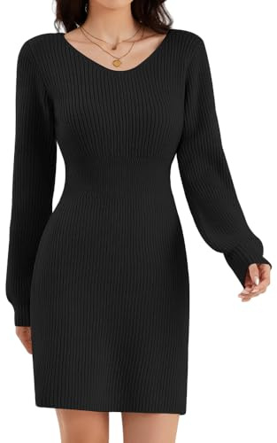 ZLIGXEA Frauen Strickkleid Winter V-Ausschnitt Langarm Elegant Bodycon Strickpullover Winterkleid für Freizeitbekleidung Cocktail Partys Schwarz XL